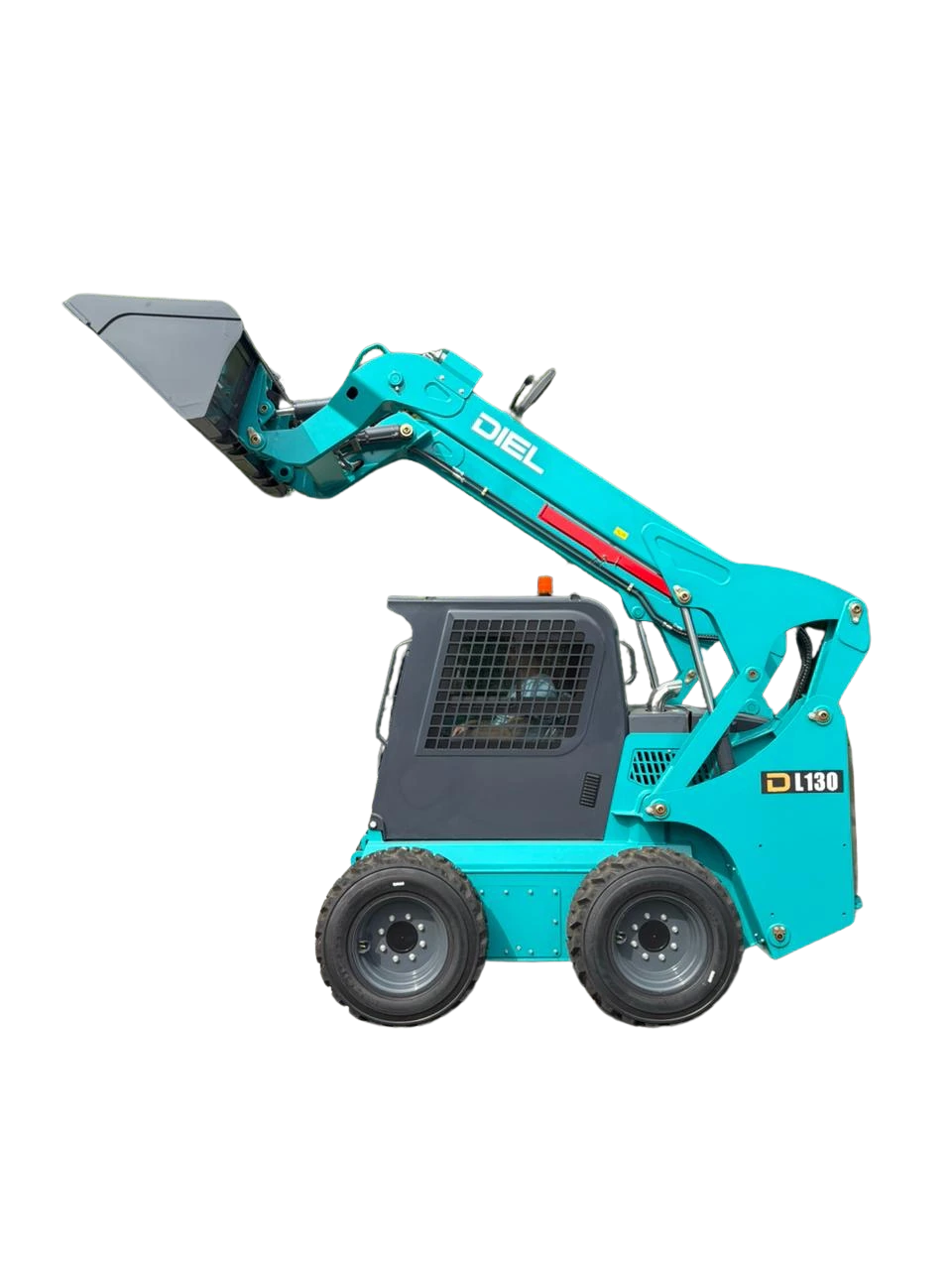 Minicarregadeira DIEL DL130 azul com braço e caçamba elevados, conforme imagem do catálogo