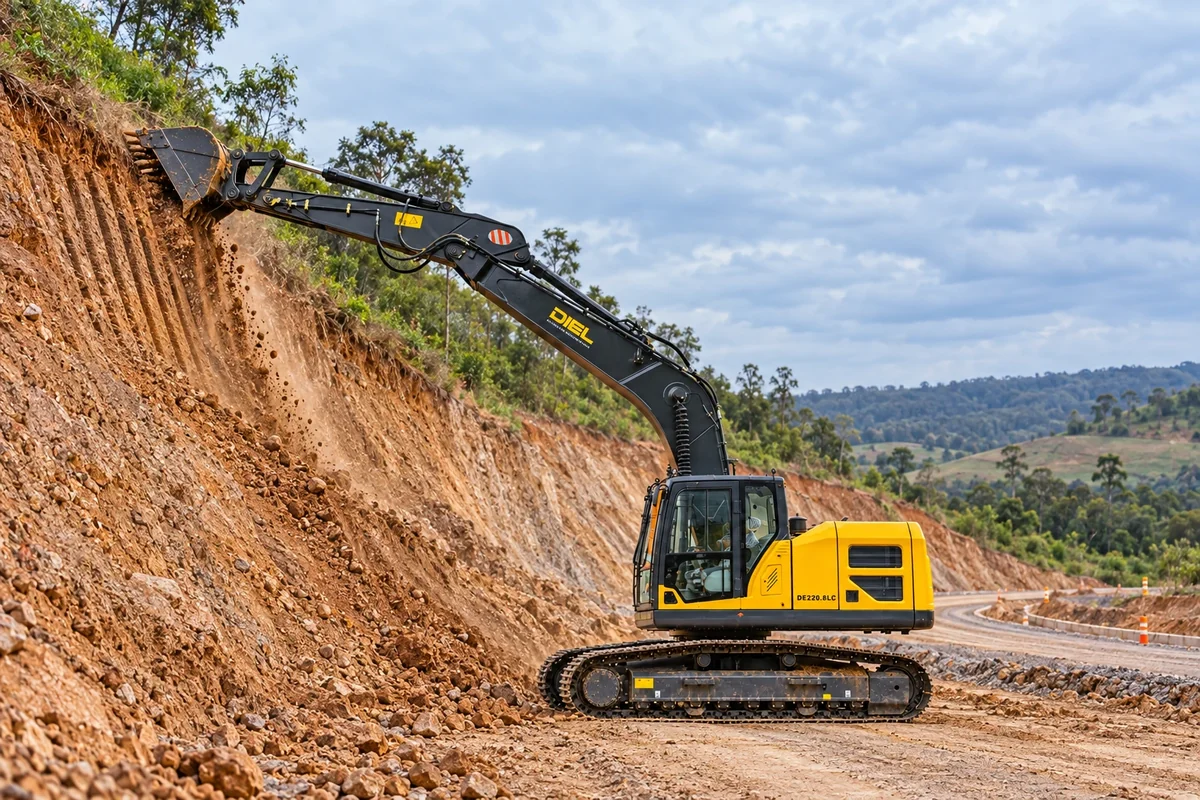 Escavadeira DIEL DE220.8LC trabalhando na correção de um talude em uma obra de estrada